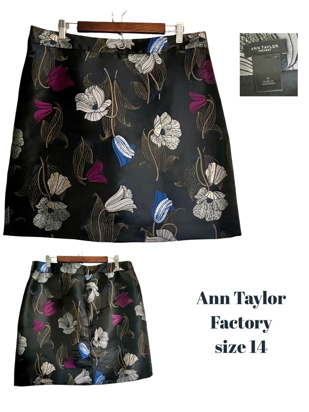 Ann Taylor Factory Dark Navy Floral A-Line Skirt with Purple & Blue Accents